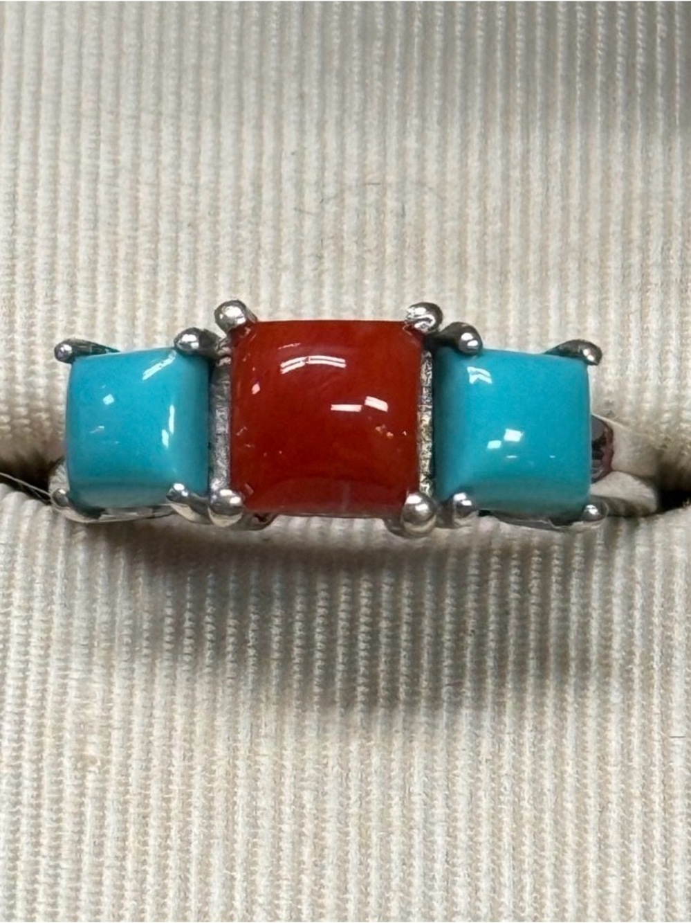 Three-Stone Coral and Turquoise Silver Ring